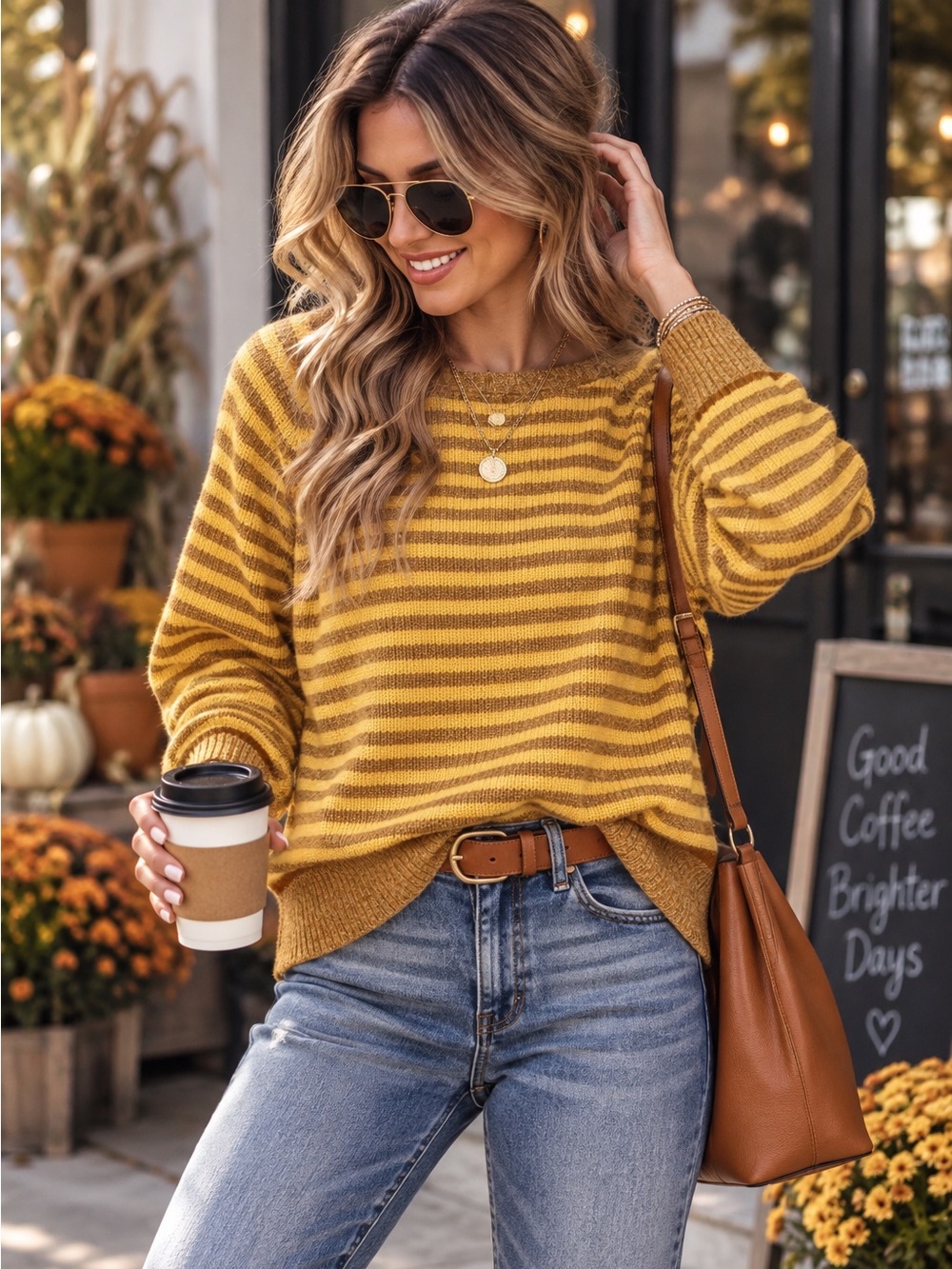 Prana Striped Mustard and Tan Crewneck Sweater